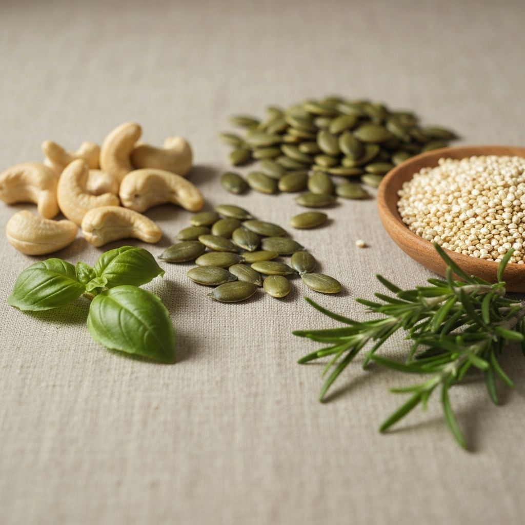 Assorted whole foods and ingredients on neutral surface